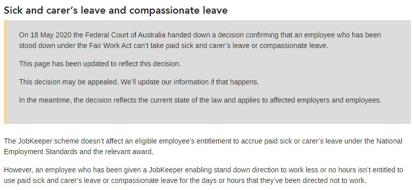 FWA JobKeeper sick leave update 18 May 2020