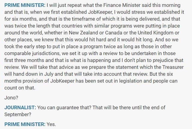 JobKeeper PM confirmation 5th June 2020
