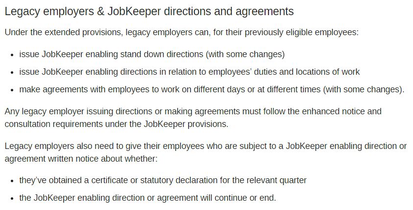 JobKeeper legacy employer and fair work directions