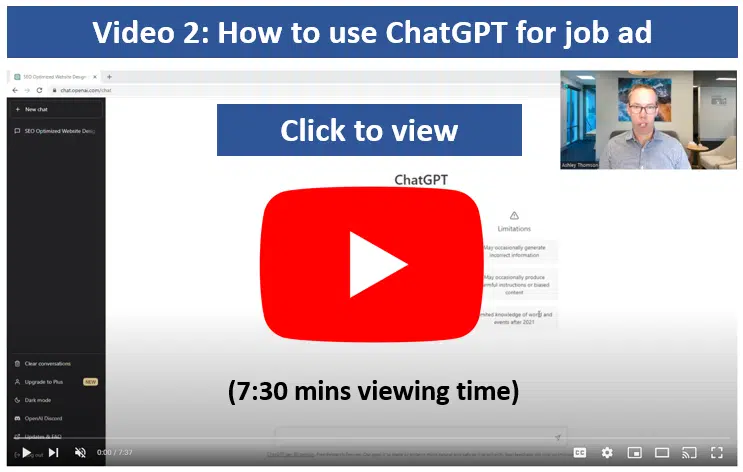 Image of a video on how to use ChatGPT to help with writing a job ad.