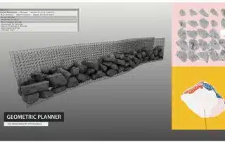 Engineering graphic of how an AI automated robotic construction device will build a wall from misshaped boulders.